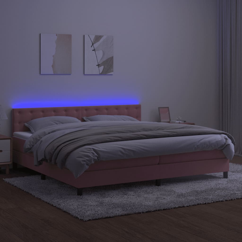 vidaXL Łóżko kontynentalne z materacem i LED, różowy aksamit 200x200cm