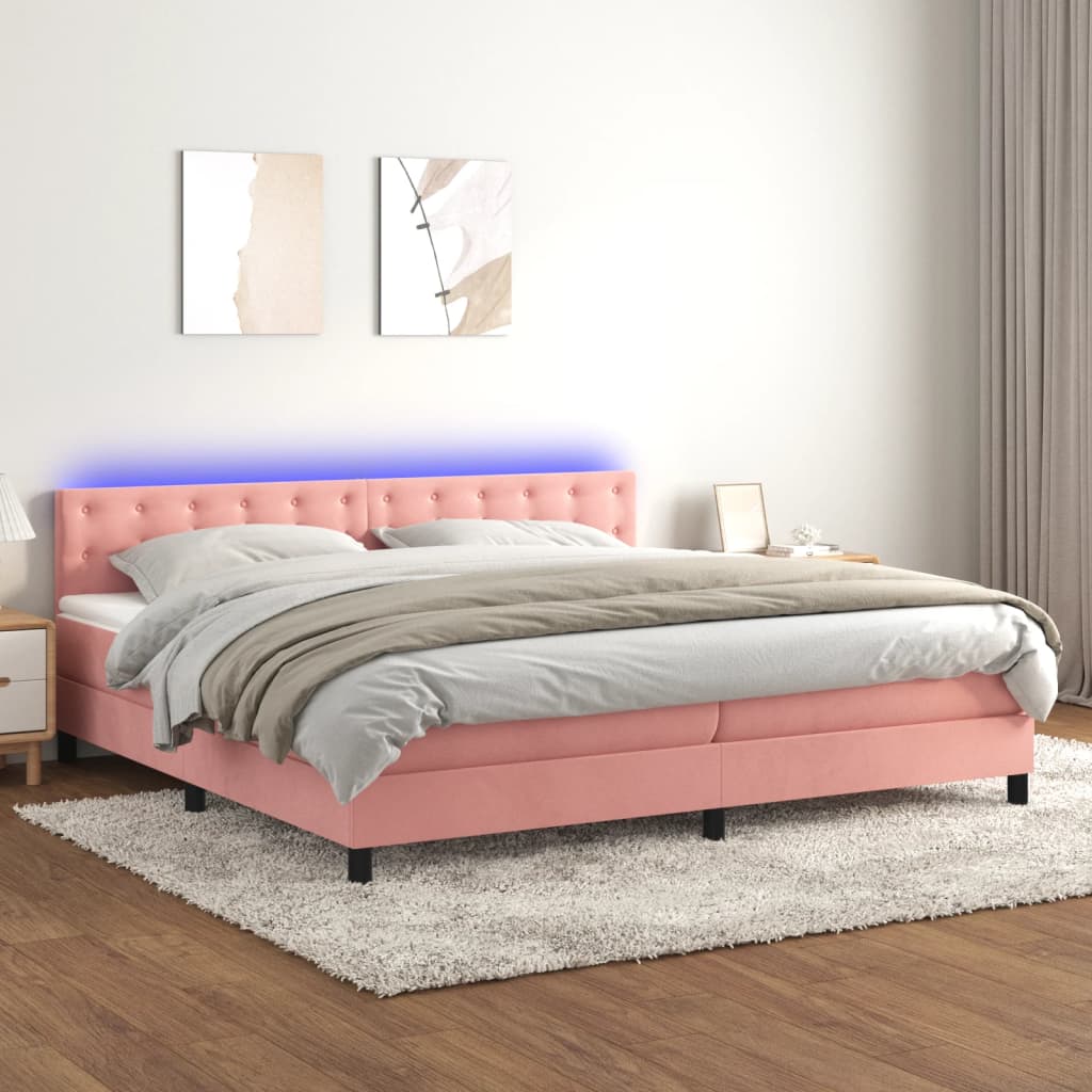 vidaXL Łóżko kontynentalne z materacem i LED, różowy aksamit 200x200cm
