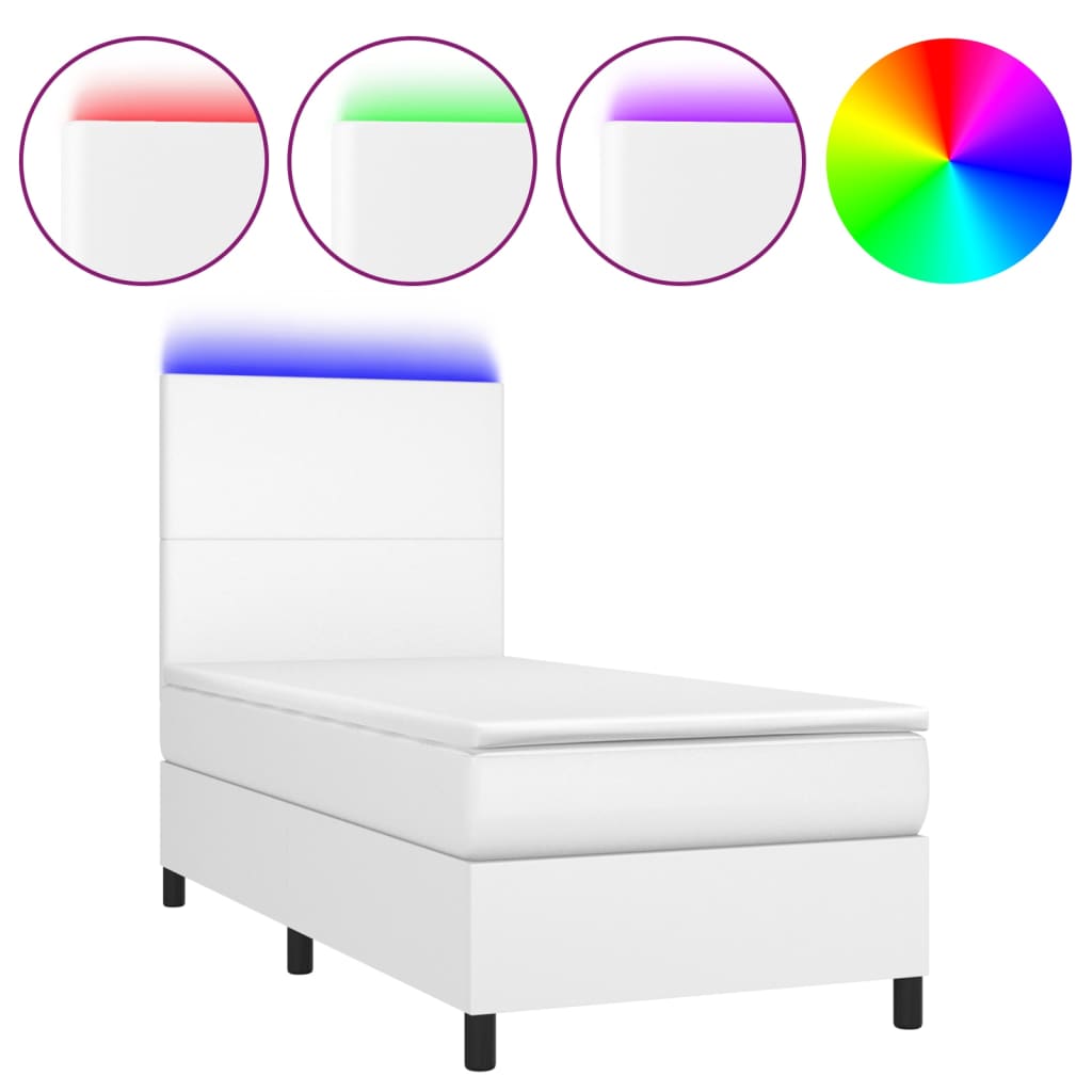 vidaXL Łóżko kontynentalne z materacem i LED, biała ekoskóra 80x200 cm
