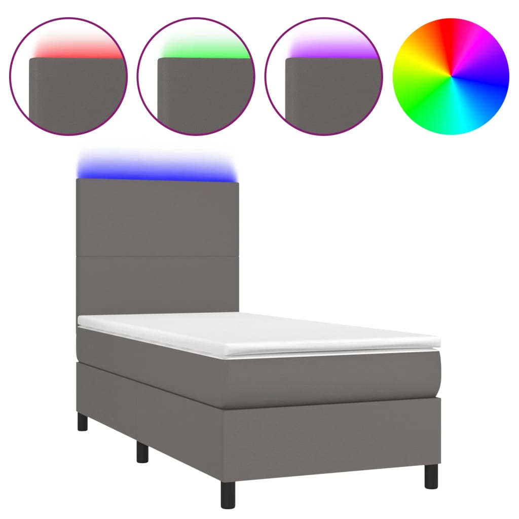 vidaXL Łóżko kontynentalne z materacem i LED, szara ekoskóra 80x200 cm