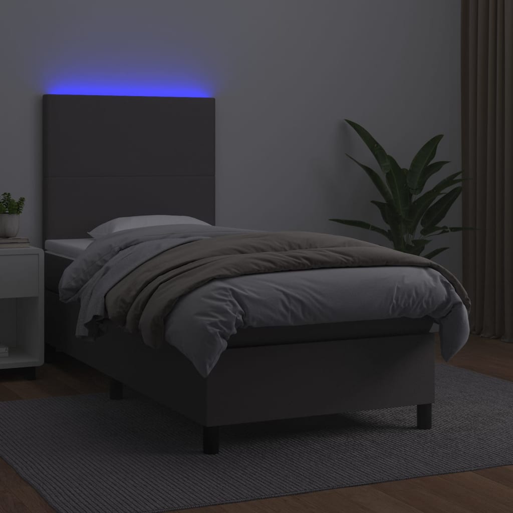 vidaXL Łóżko kontynentalne z materacem i LED, szara ekoskóra 80x200 cm