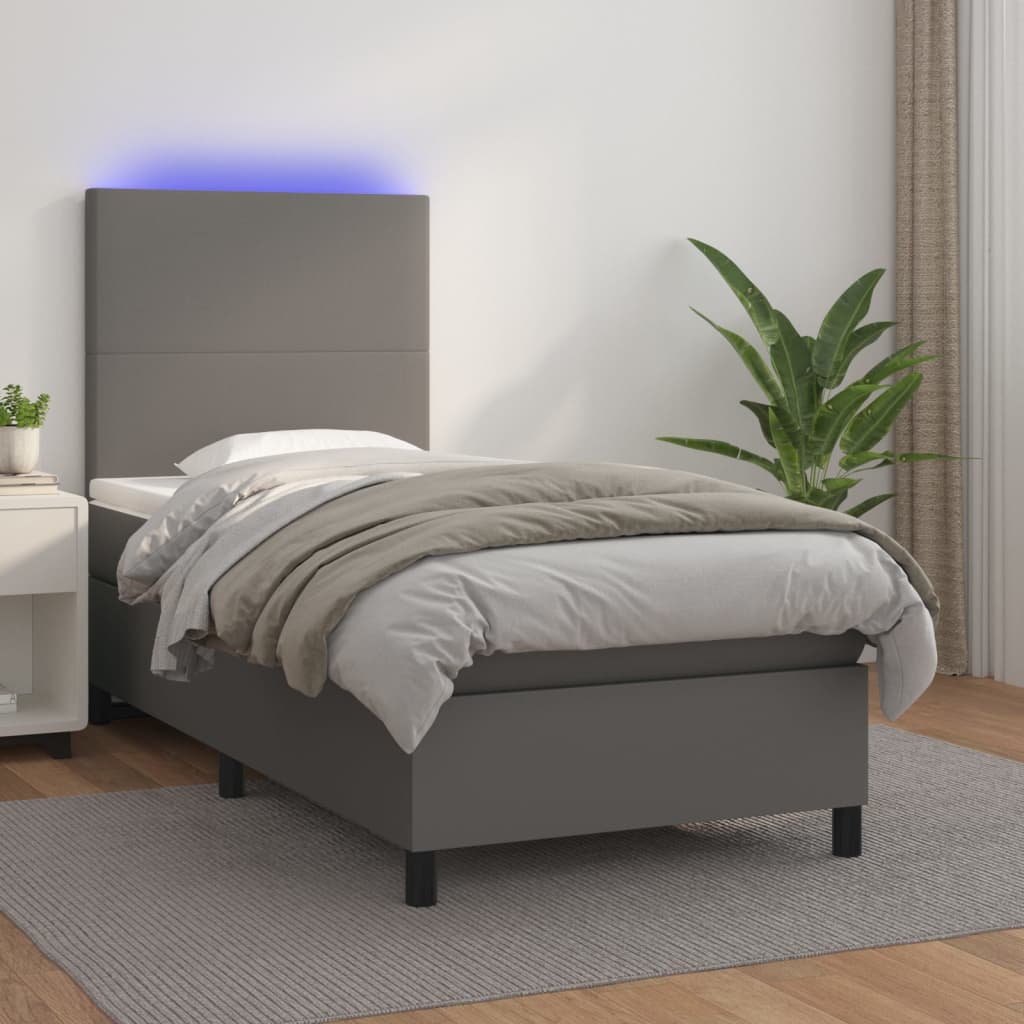 vidaXL Łóżko kontynentalne z materacem i LED, szara ekoskóra 80x200 cm