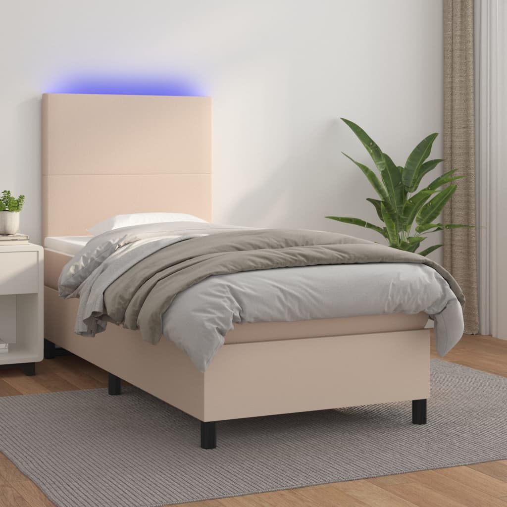 vidaXL Łóżko kontynentalne, materac i LED cappuccino ekoskóra 80x200cm