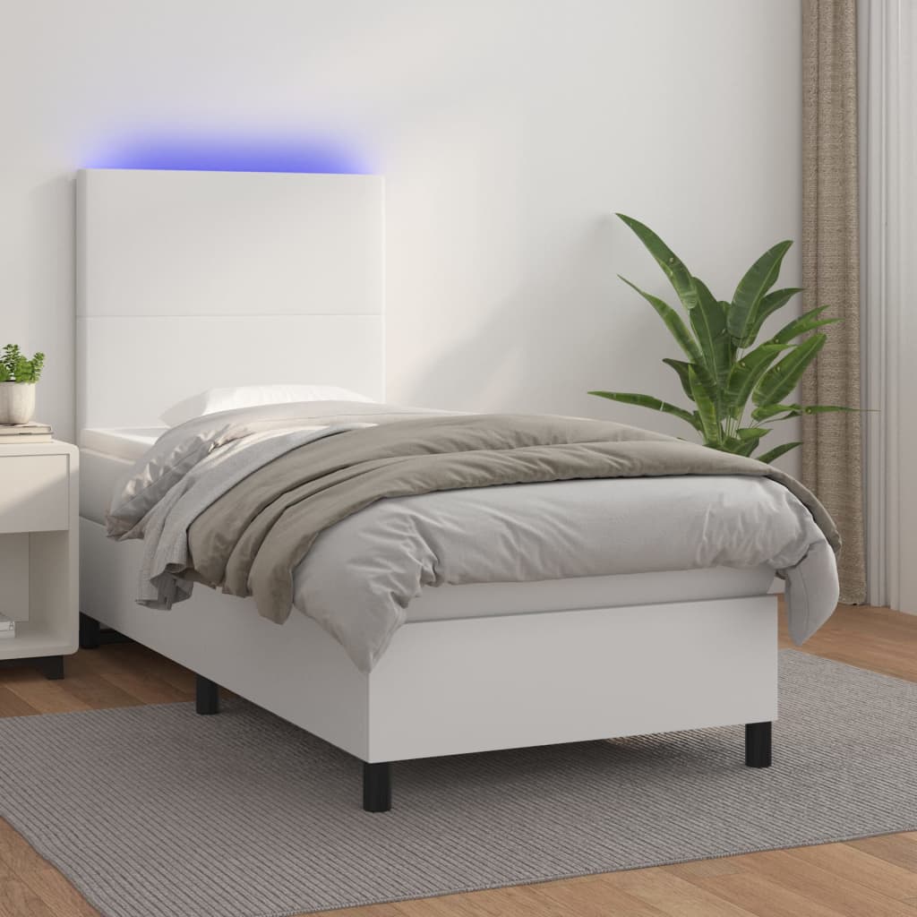 vidaXL Łóżko kontynentalne z materacem i LED, biała ekoskóra 90x190 cm