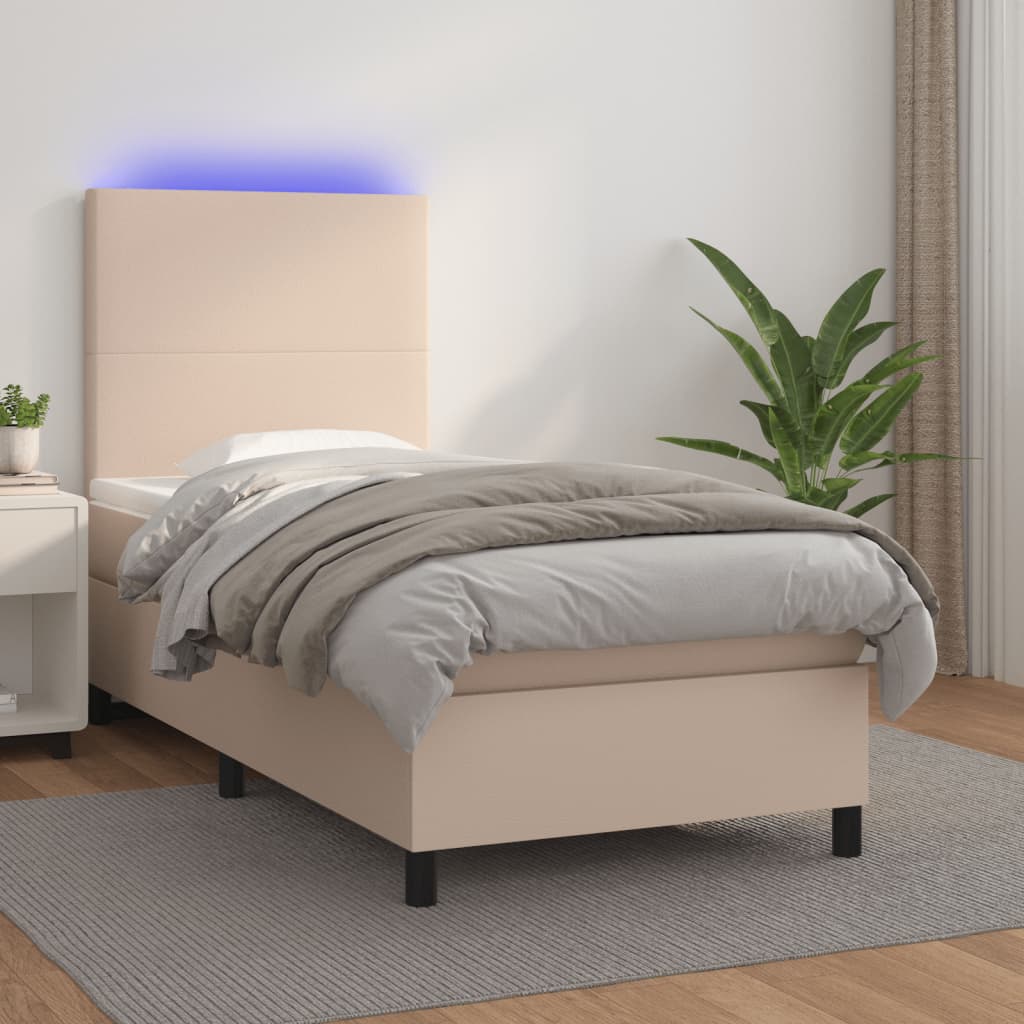 vidaXL Łóżko kontynentalne, materac i LED cappuccino ekoskóra 90x190cm