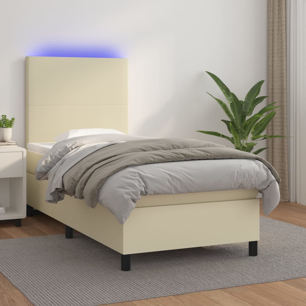 vidaXL Łóżko kontynentalne z LED, materac, kremowe, ekoskóra 90x200 cm
