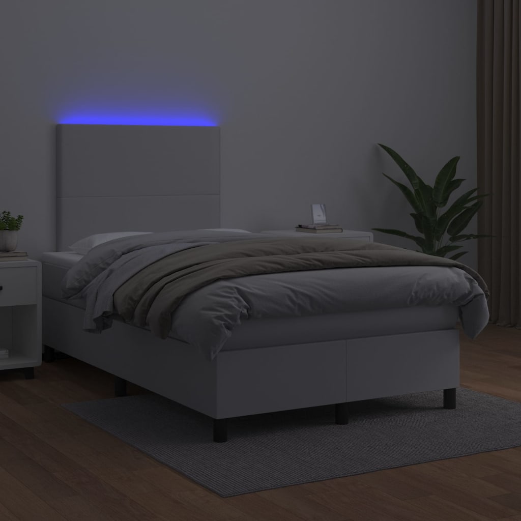 vidaXL Łóżko kontynentalne z materacem i LED, biała ekoskóra 120x200cm