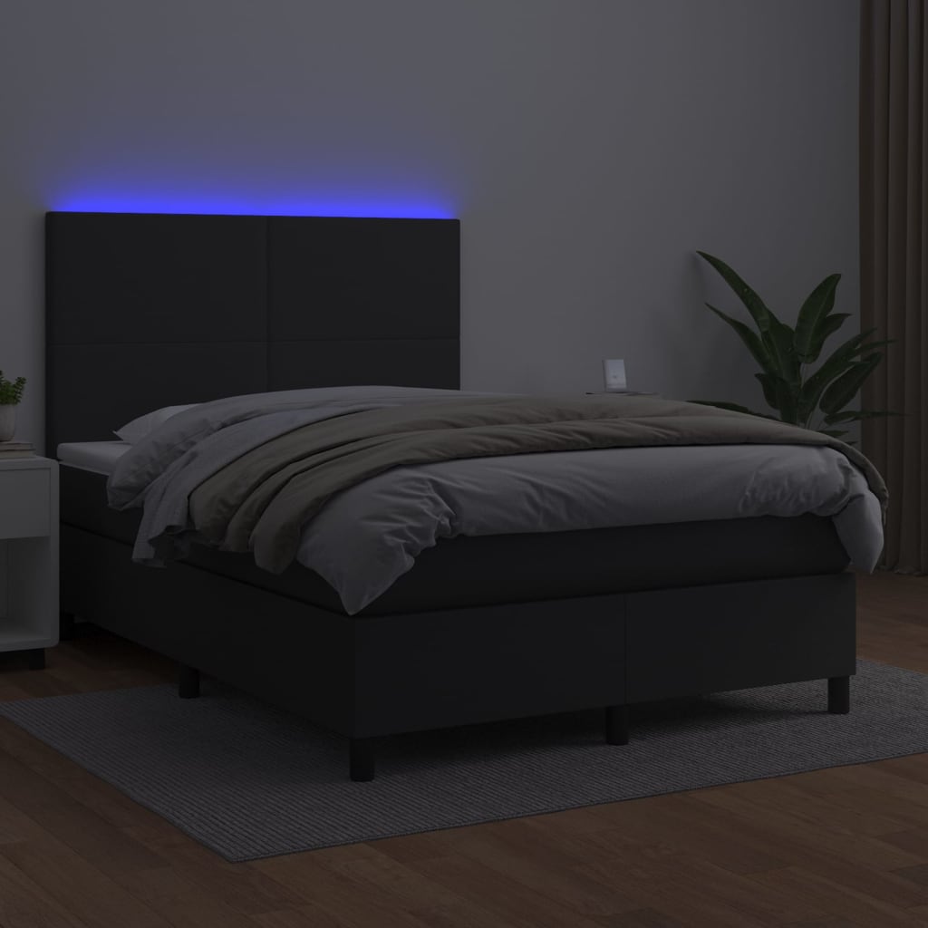 vidaXL Łóżko kontynentalne, materac i LED, czarna ekoskóra, 140x190 cm