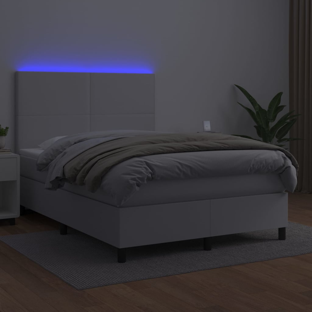 vidaXL Łóżko kontynentalne z materacem i LED, biała ekoskóra 140x190cm