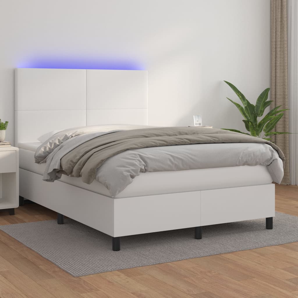 vidaXL Łóżko kontynentalne z materacem i LED, biała ekoskóra 140x190cm