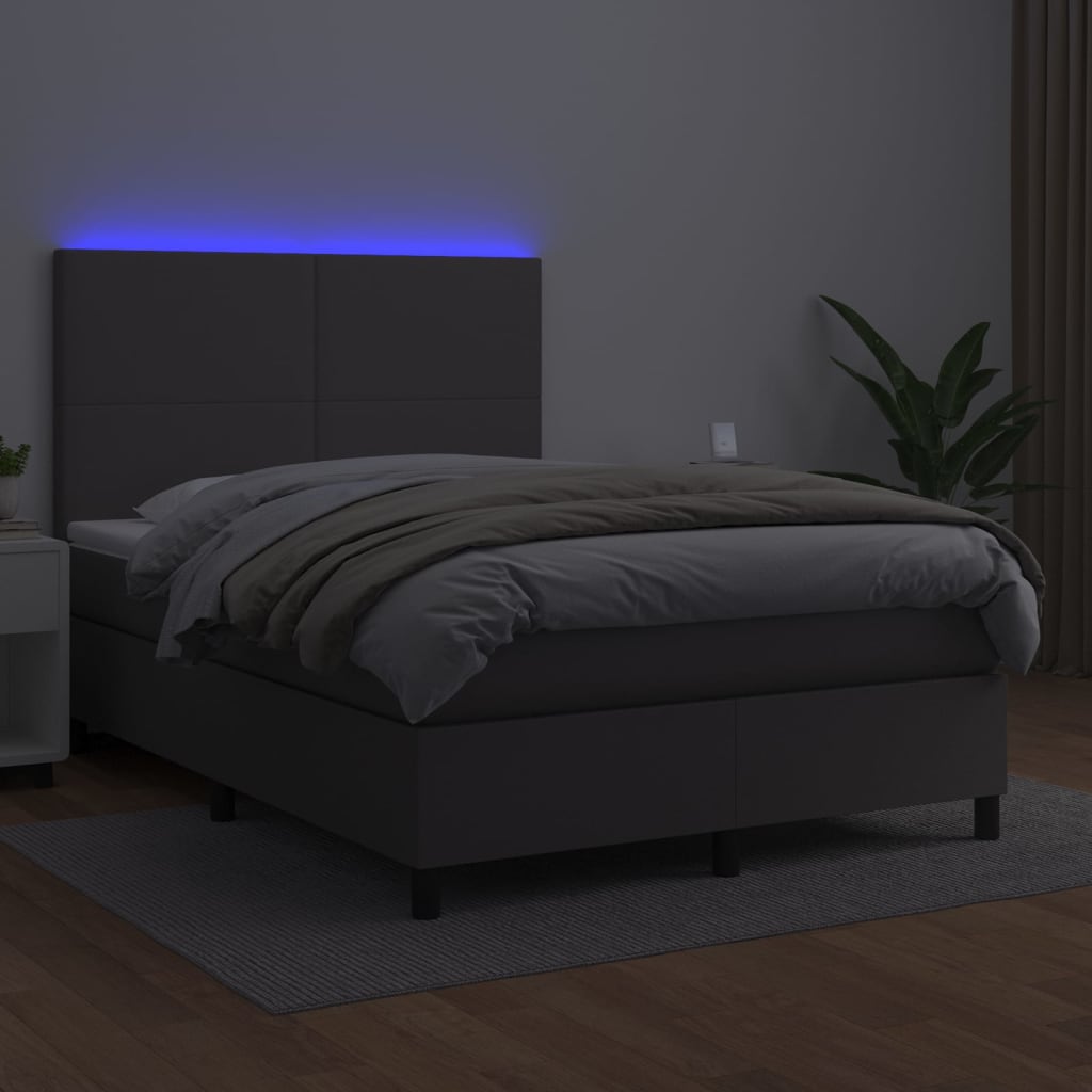 vidaXL Łóżko kontynentalne z materacem i LED, szara ekoskóra 140x190cm