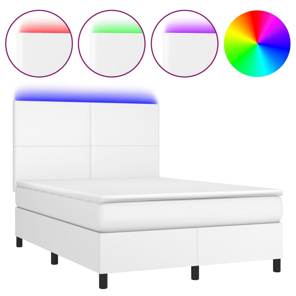 vidaXL Łóżko kontynentalne z materacem i LED, biała ekoskóra 140x200cm