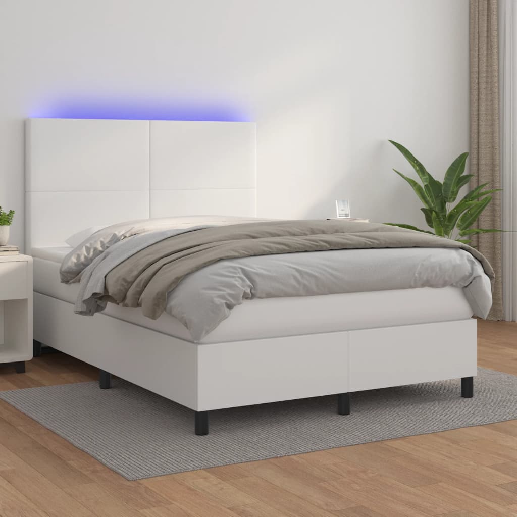 vidaXL Łóżko kontynentalne z materacem i LED, biała ekoskóra 140x200cm
