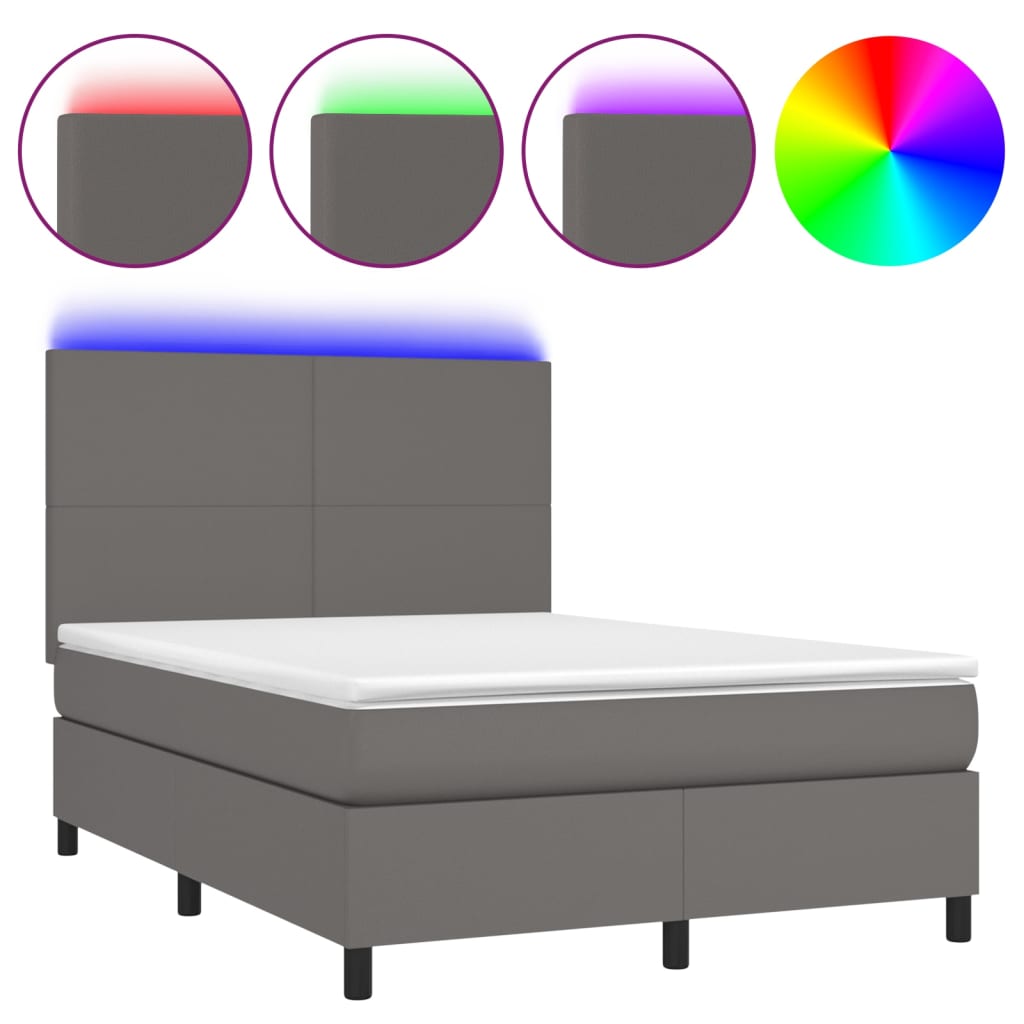 vidaXL Łóżko kontynentalne z materacem i LED, szara ekoskóra 140x200cm