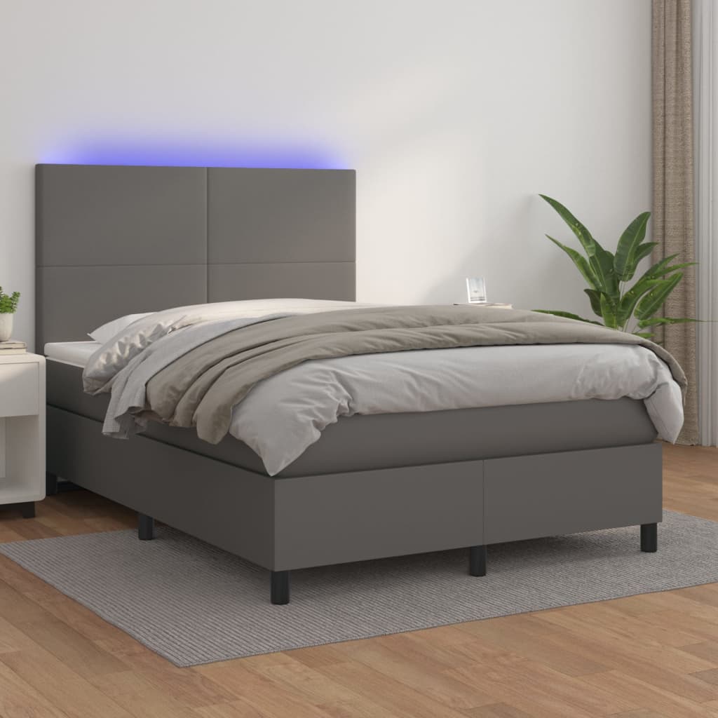 vidaXL Łóżko kontynentalne z materacem i LED, szara ekoskóra 140x200cm