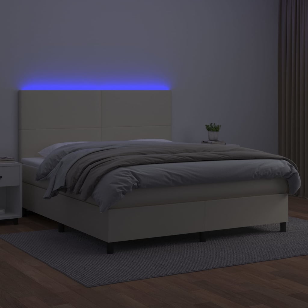 vidaXL Łóżko kontynentalne z LED, materac, kremowe, ekoskóra 160x200cm