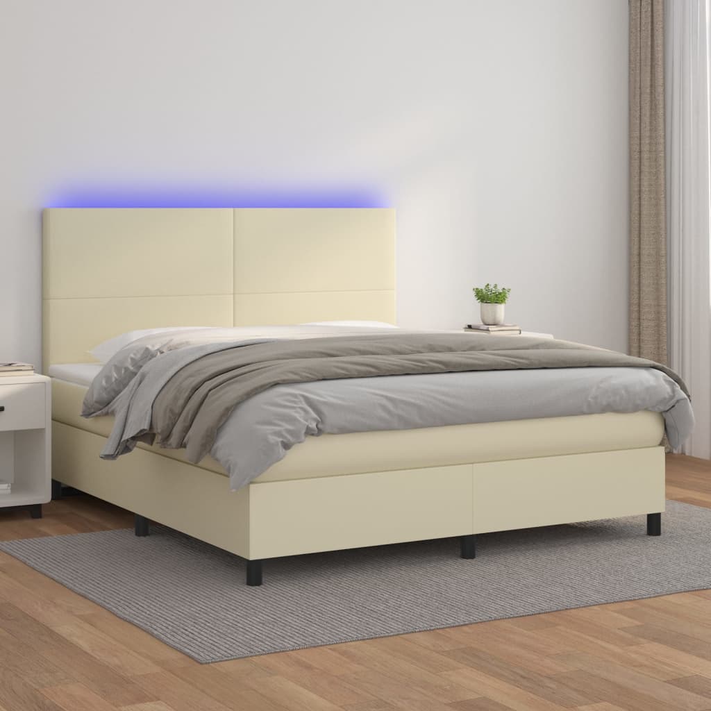 vidaXL Łóżko kontynentalne z LED, materac, kremowe, ekoskóra 160x200cm