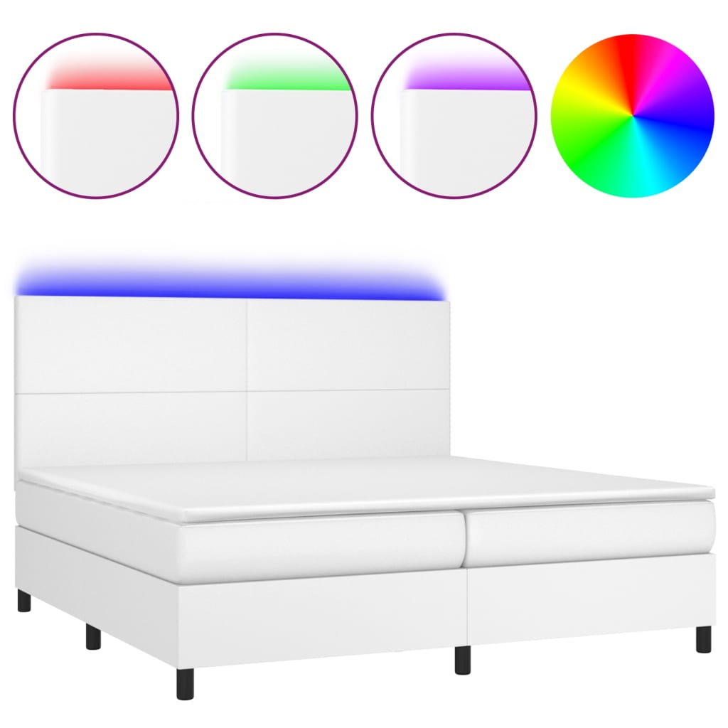 vidaXL Łóżko kontynentalne z materacem i LED, biała ekoskóra 200x200cm