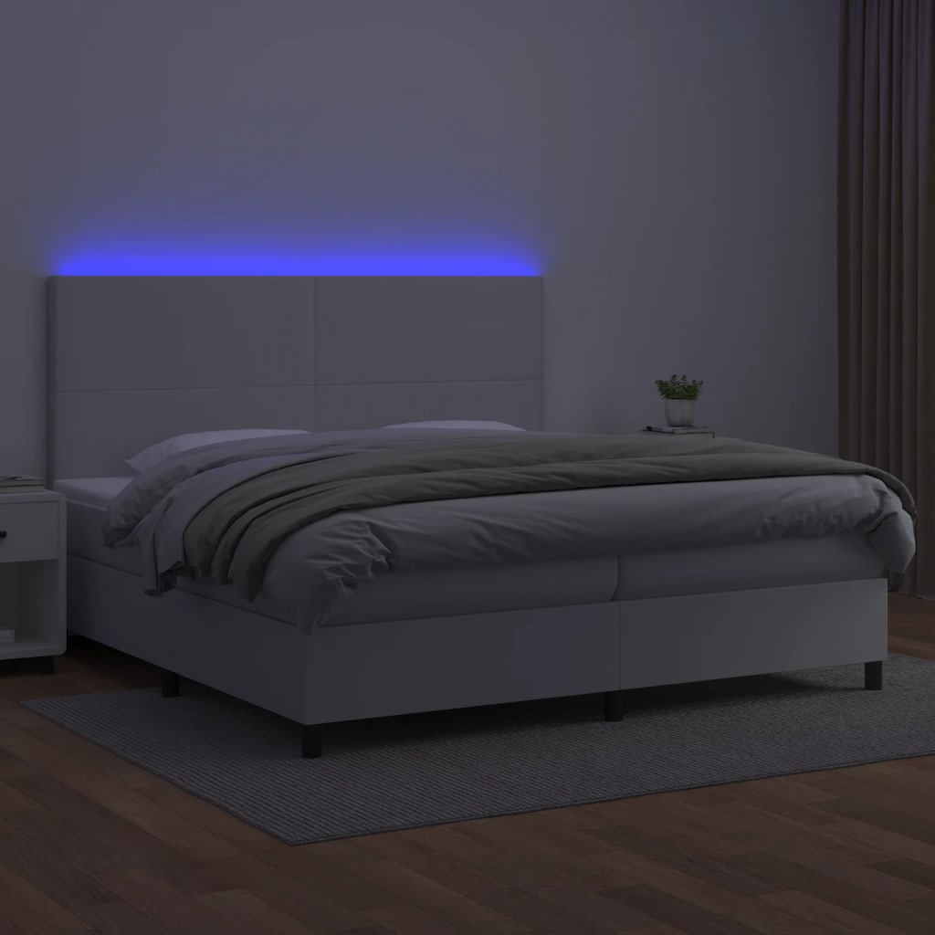 vidaXL Łóżko kontynentalne z materacem i LED, biała ekoskóra 200x200cm