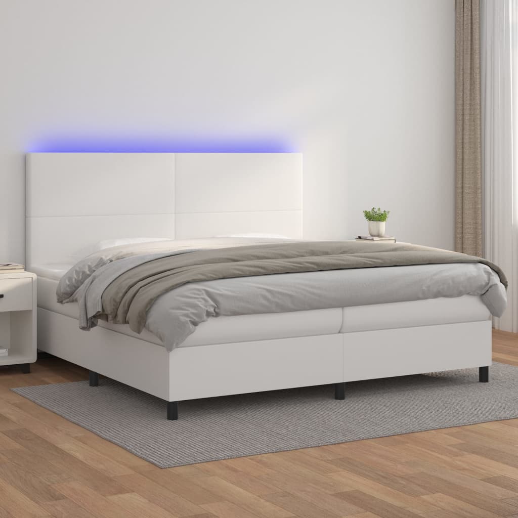 vidaXL Łóżko kontynentalne z materacem i LED, biała ekoskóra 200x200cm