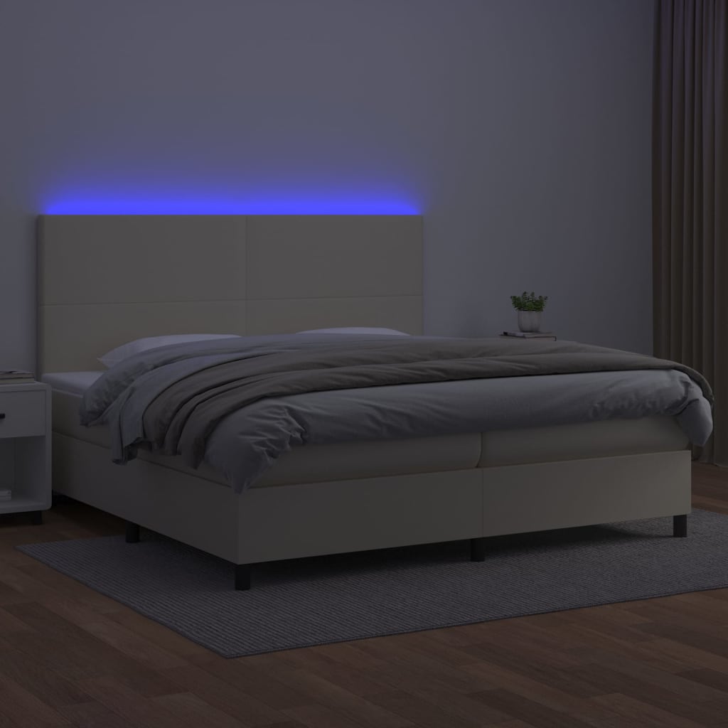 vidaXL Łóżko kontynentalne z LED, materac, kremowe, ekoskóra 200x200cm