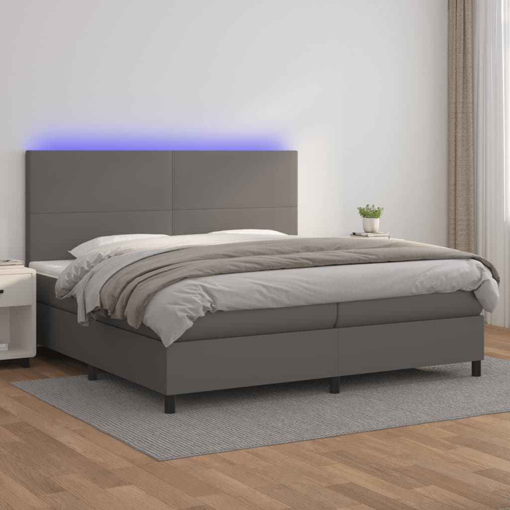 vidaXL Łóżko kontynentalne z materacem i LED, szara ekoskóra 200x200cm