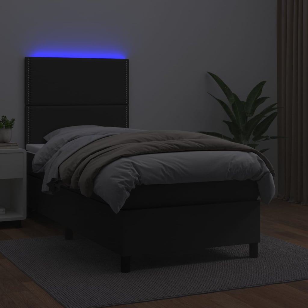 vidaXL Łóżko kontynentalne z materacem i LED czarna ekoskóra 90x200 cm