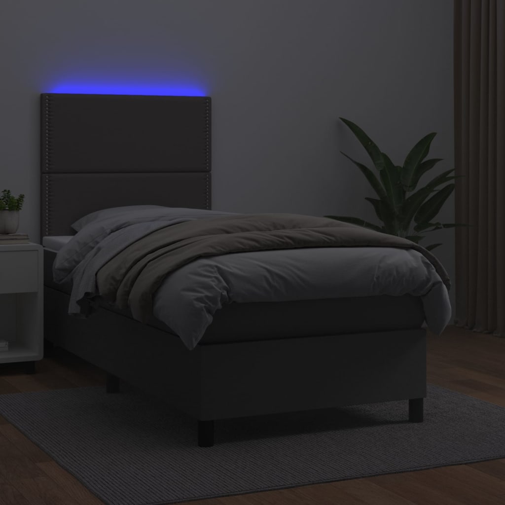 vidaXL Łóżko kontynentalne z materacem i LED, szara ekoskóra 90x200 cm