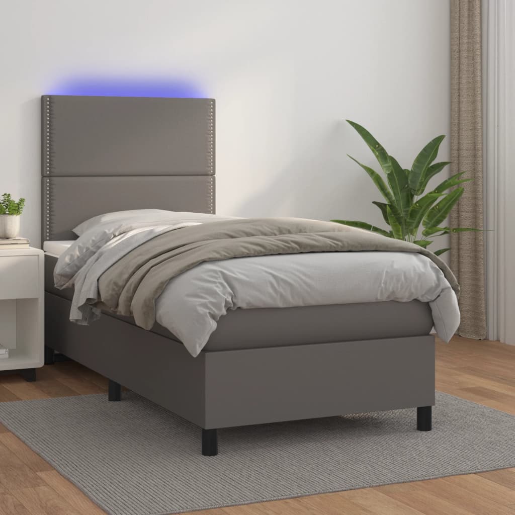 vidaXL Łóżko kontynentalne z materacem i LED, szara ekoskóra 90x200 cm