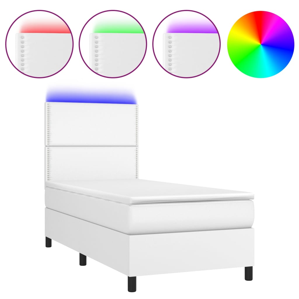 vidaXL Łóżko kontynentalne z materacem i LED, biała ekoskóra 100x200cm
