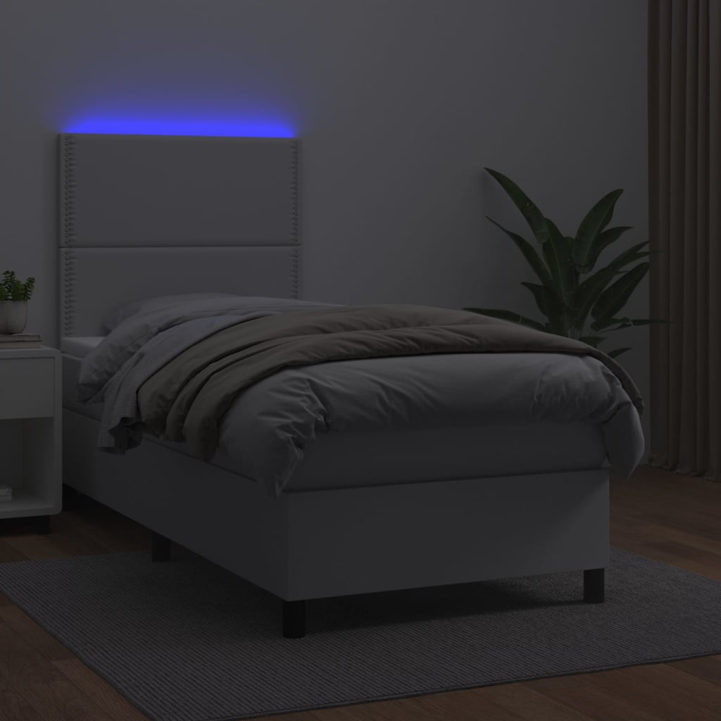 vidaXL Łóżko kontynentalne z materacem i LED, biała ekoskóra 100x200cm