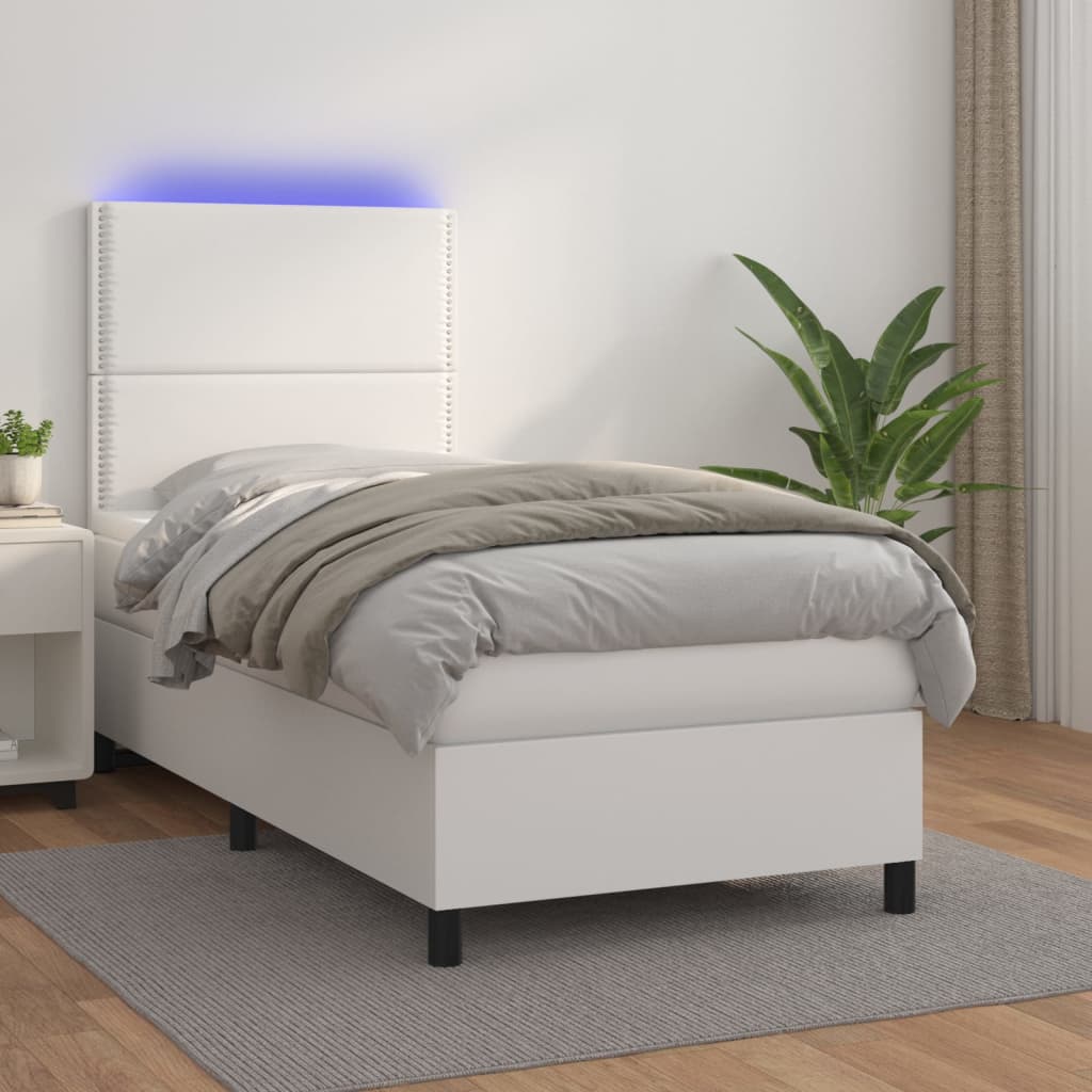 vidaXL Łóżko kontynentalne z materacem i LED, biała ekoskóra 100x200cm