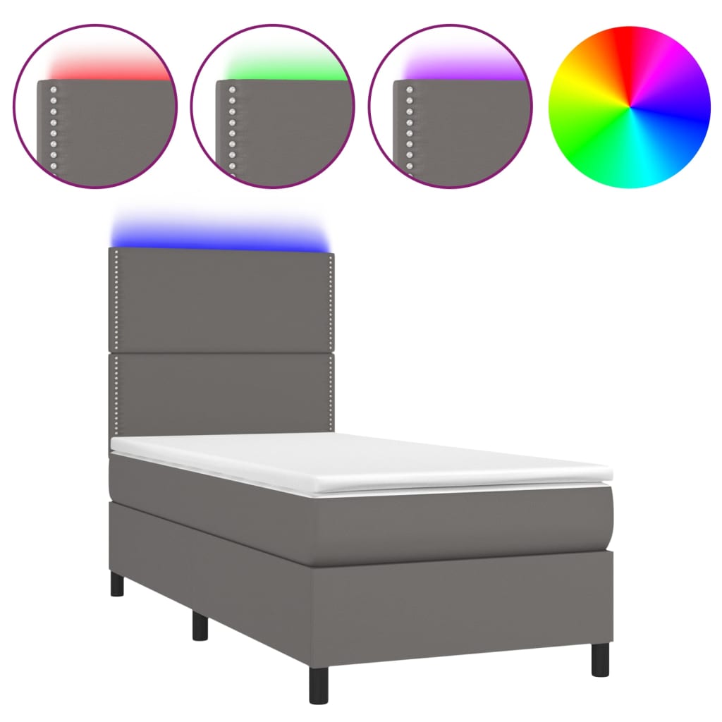vidaXL Łóżko kontynentalne z materacem i LED, szara ekoskóra 100x200cm