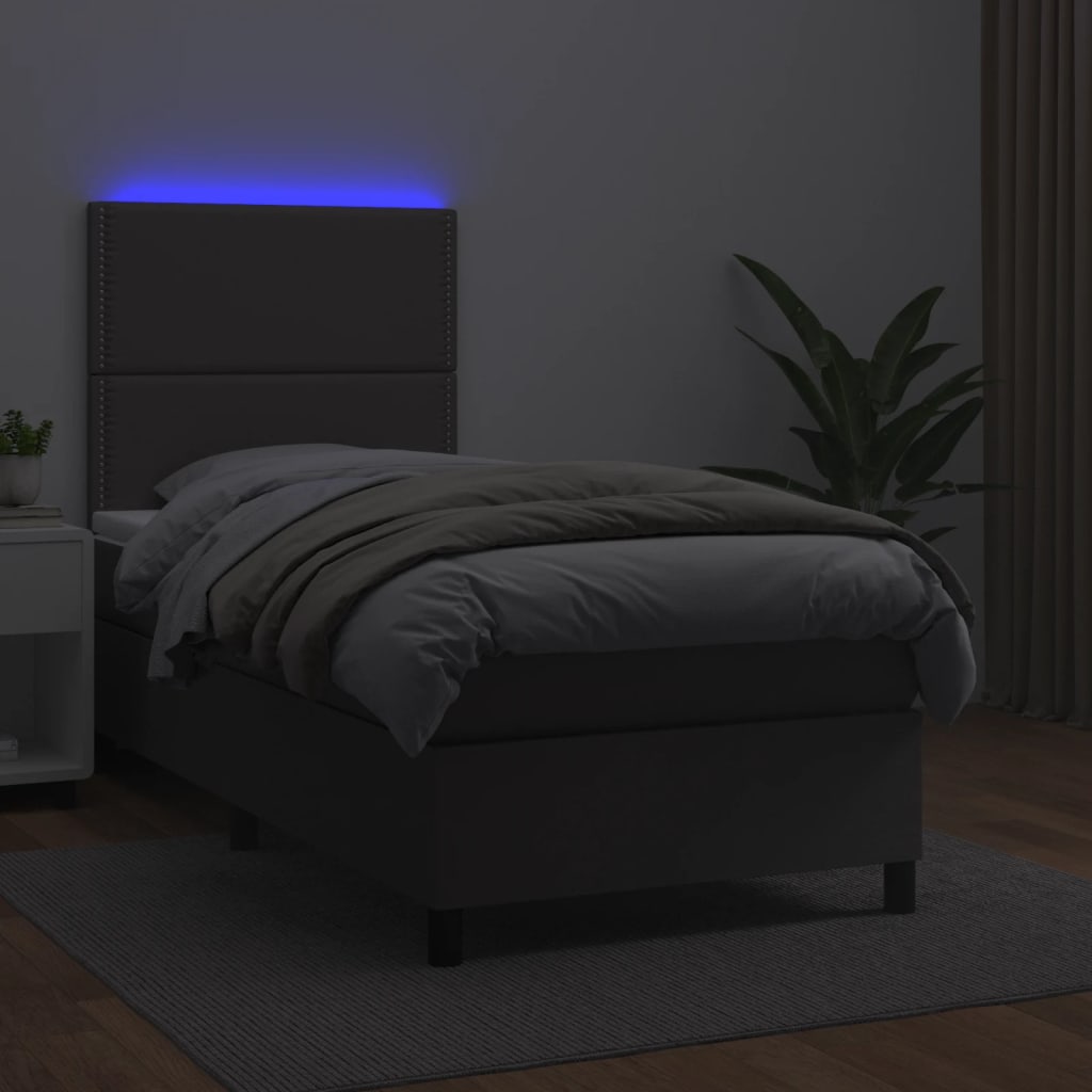 vidaXL Łóżko kontynentalne z materacem i LED, szara ekoskóra 100x200cm