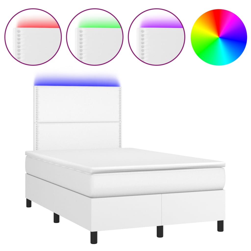 vidaXL Łóżko kontynentalne z materacem i LED, biała ekoskóra 120x200cm