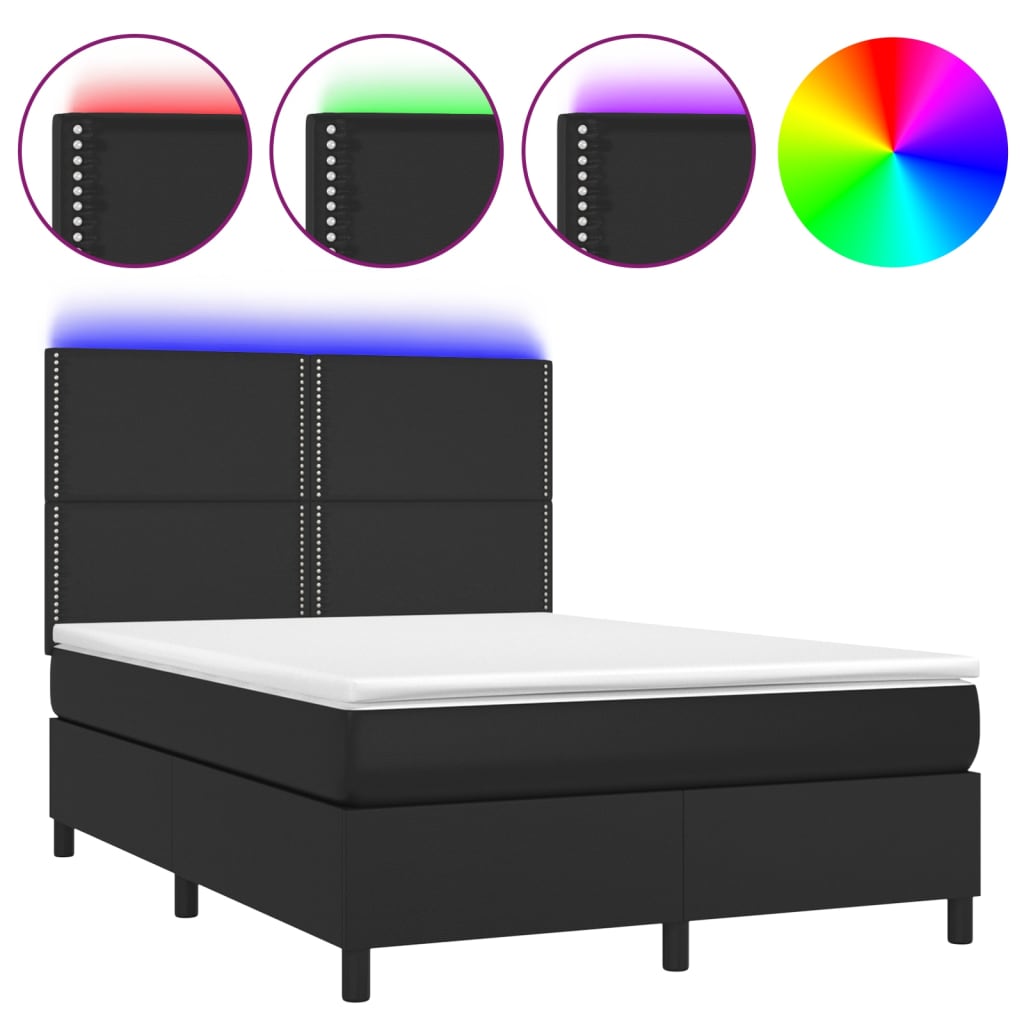vidaXL Łóżko kontynentalne z materacem i LED czarna ekoskóra 140x200cm
