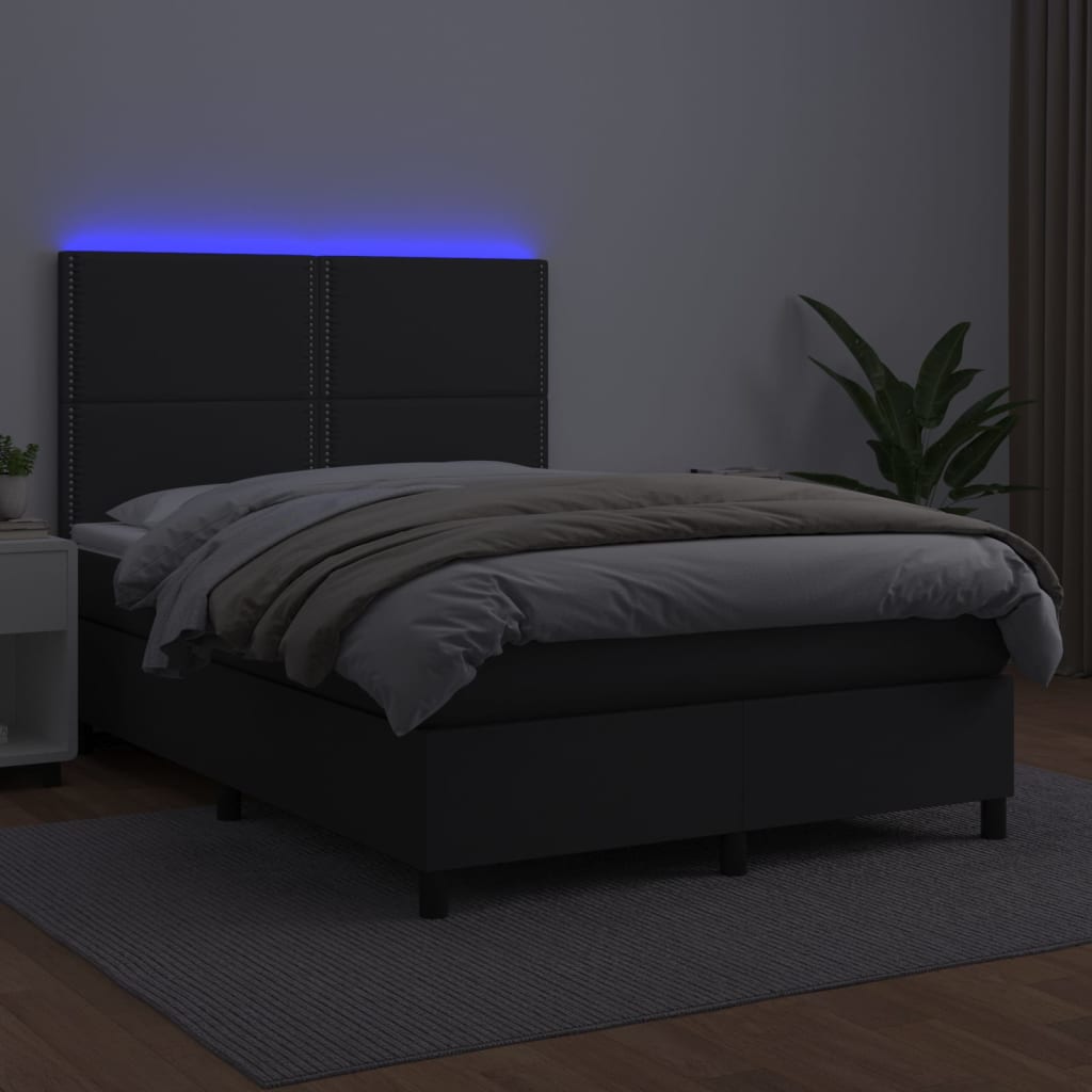 vidaXL Łóżko kontynentalne z materacem i LED czarna ekoskóra 140x200cm