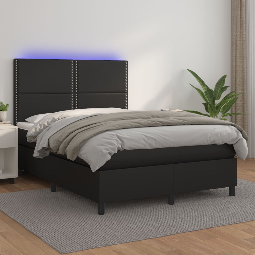 vidaXL Łóżko kontynentalne z materacem i LED czarna ekoskóra 140x200cm