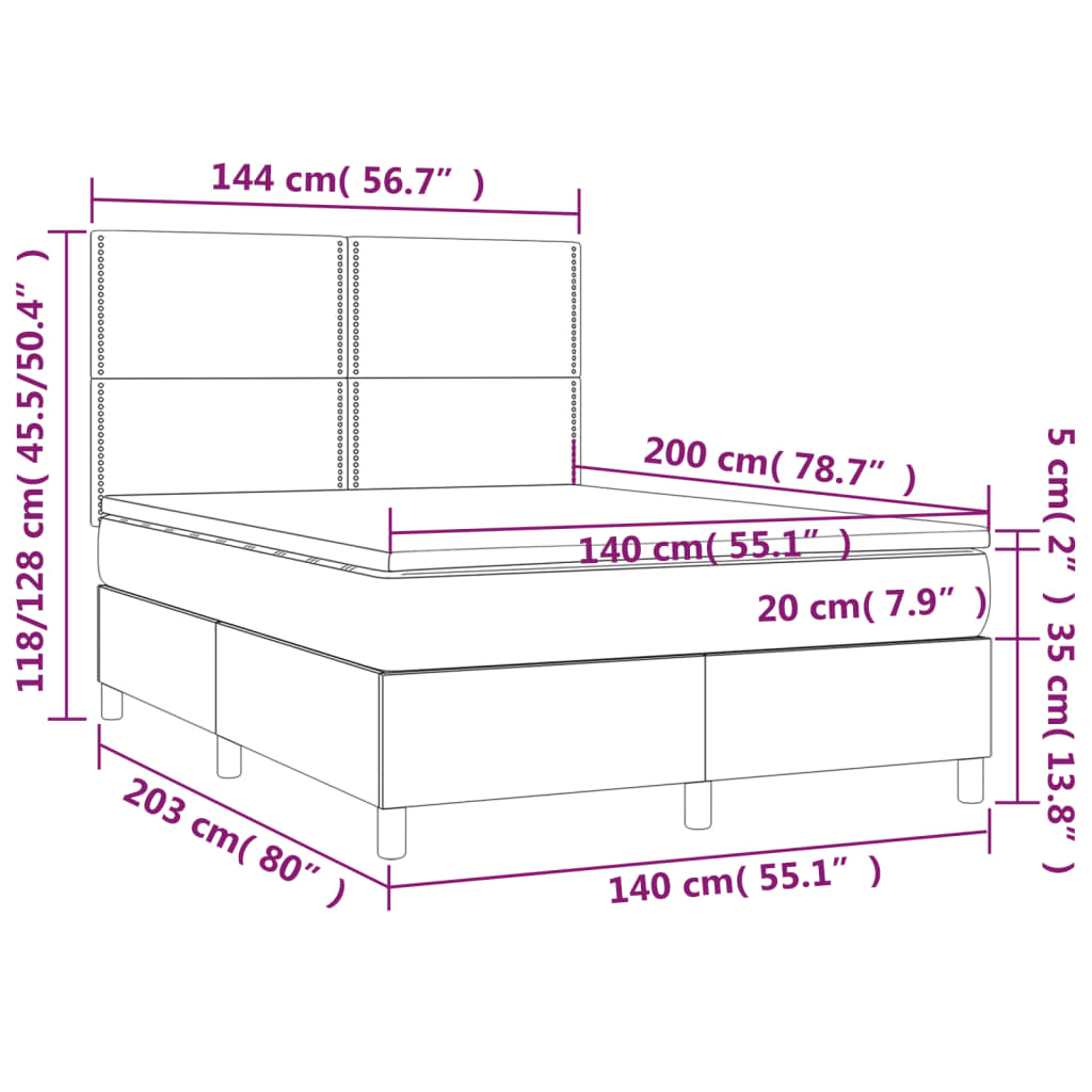 vidaXL Łóżko kontynentalne z materacem i LED, szara ekoskóra 140x200cm