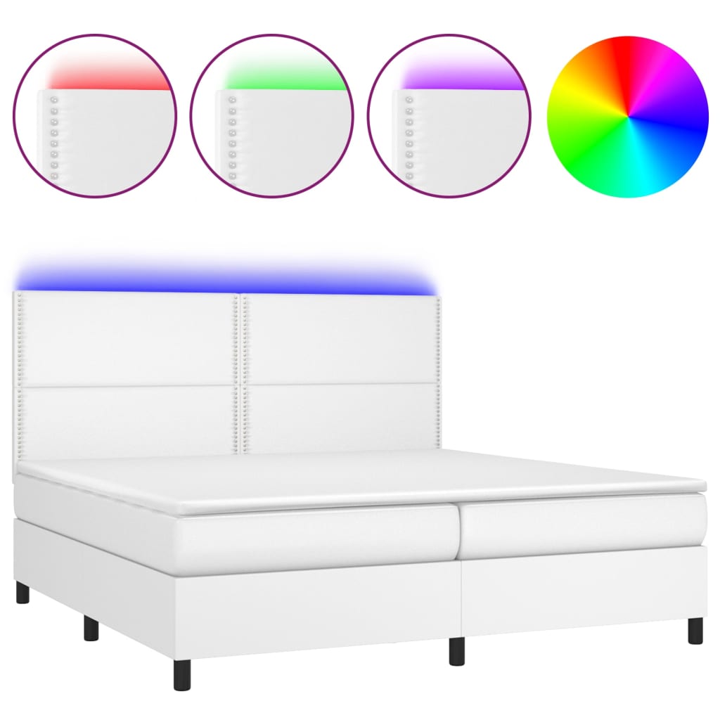vidaXL Łóżko kontynentalne z materacem i LED, biała ekoskóra 200x200cm