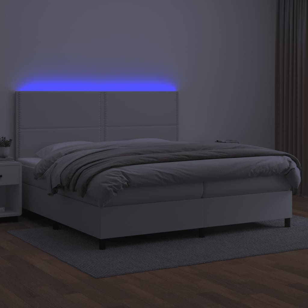 vidaXL Łóżko kontynentalne z materacem i LED, biała ekoskóra 200x200cm