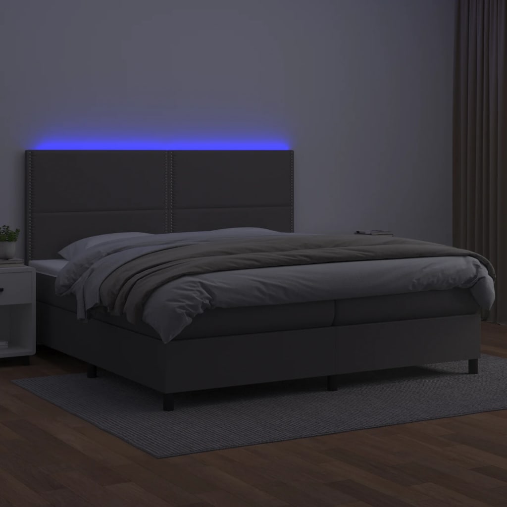 vidaXL Łóżko kontynentalne z materacem i LED, szara ekoskóra 200x200cm