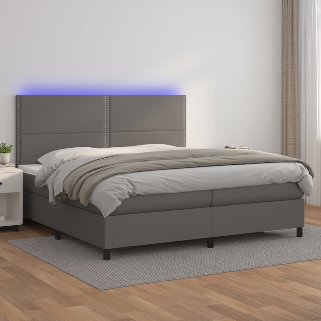 vidaXL Łóżko kontynentalne z materacem i LED, szara ekoskóra 200x200cm