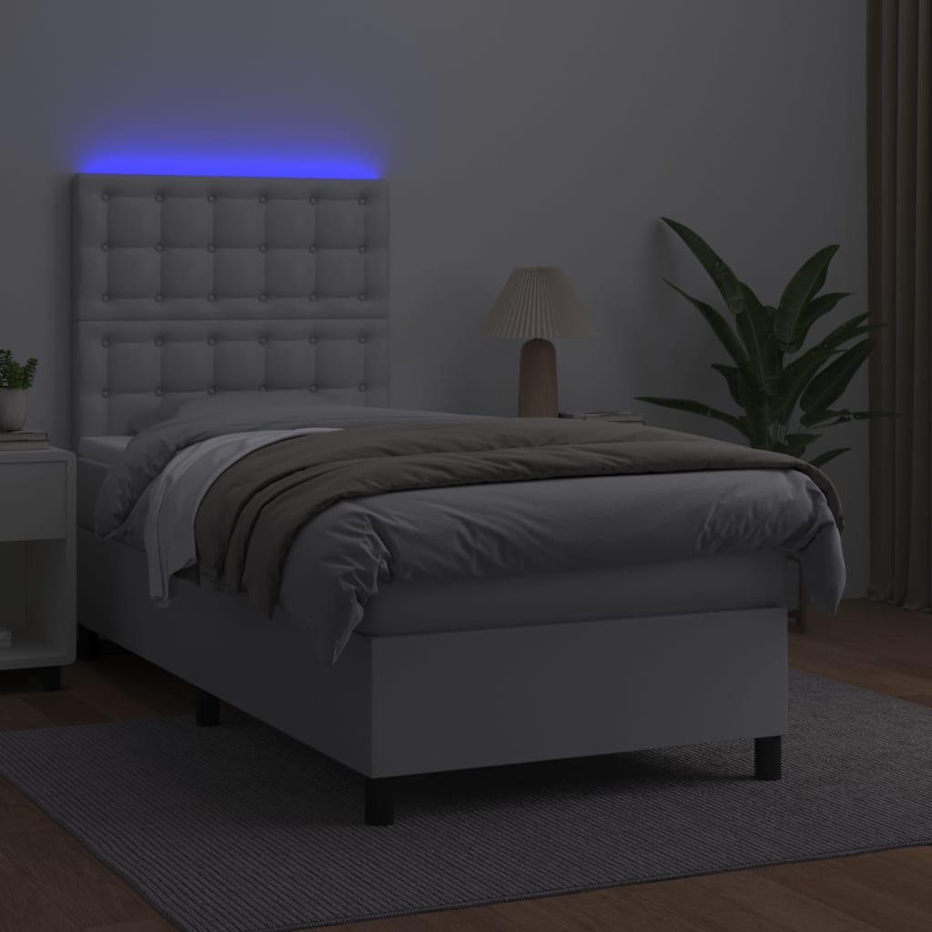 vidaXL Łóżko kontynentalne z materacem i LED, biała ekoskóra 80x200 cm