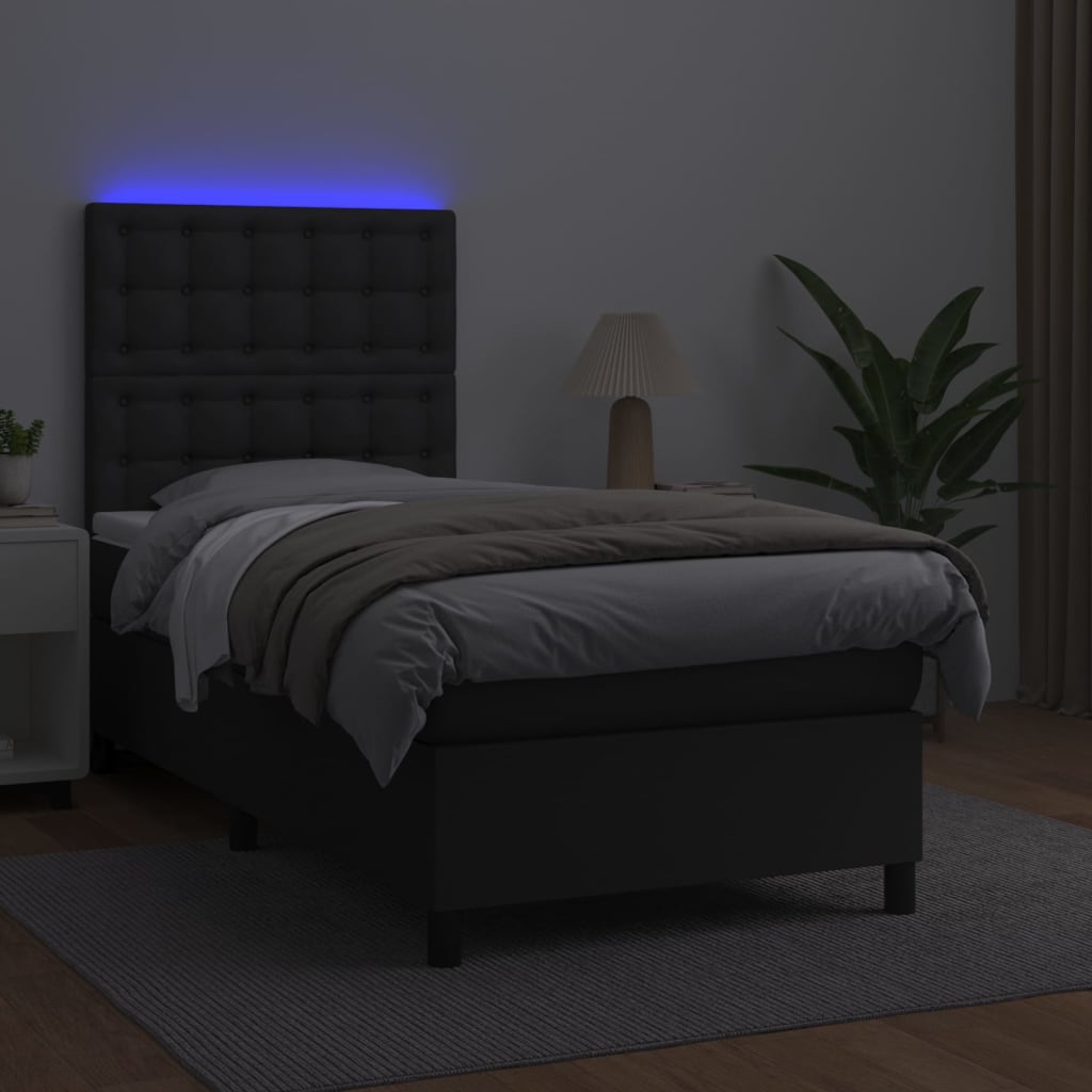 vidaXL Łóżko kontynentalne z materacem i LED czarna ekoskóra 90x190 cm