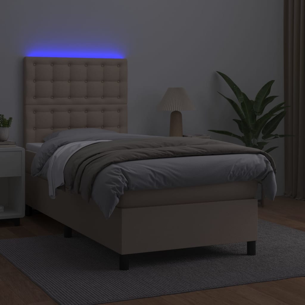 vidaXL Łóżko kontynentalne, materac i LED cappuccino ekoskóra 90x190cm