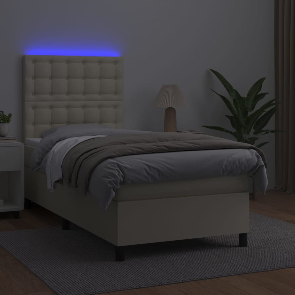 vidaXL Łóżko kontynentalne z LED, materac, kremowe, ekoskóra 90x200 cm