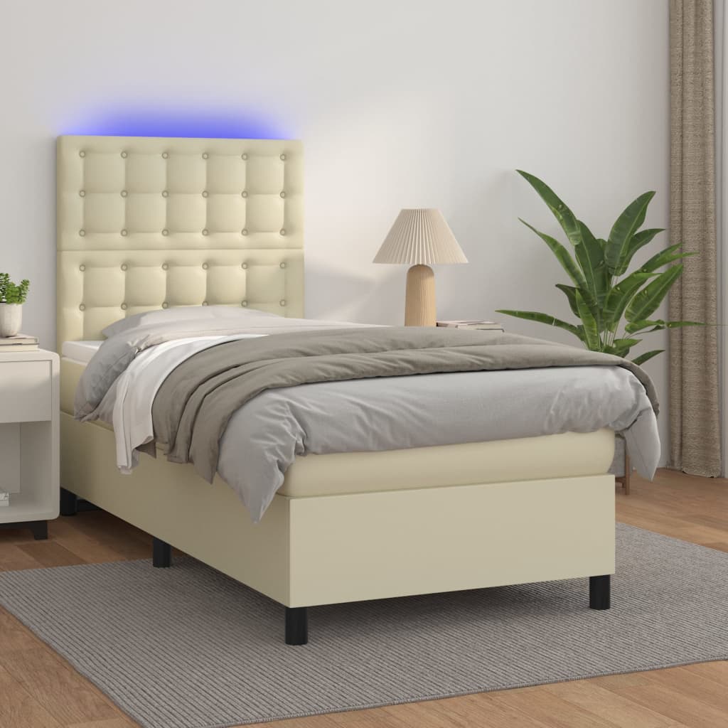 vidaXL Łóżko kontynentalne z LED, materac, kremowe, ekoskóra 90x200 cm