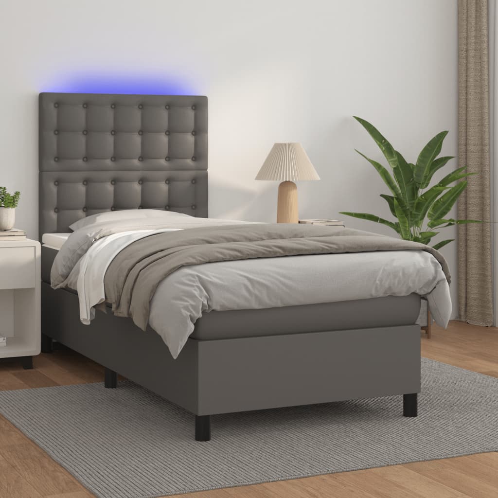 vidaXL Łóżko kontynentalne z materacem i LED, szara ekoskóra 90x200 cm