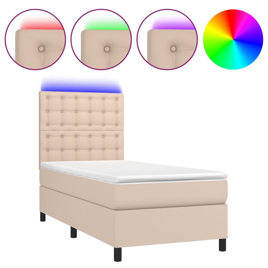 vidaXL Łóżko kontynentalne, materac i LED cappuccino ekoskóra 90x200cm
